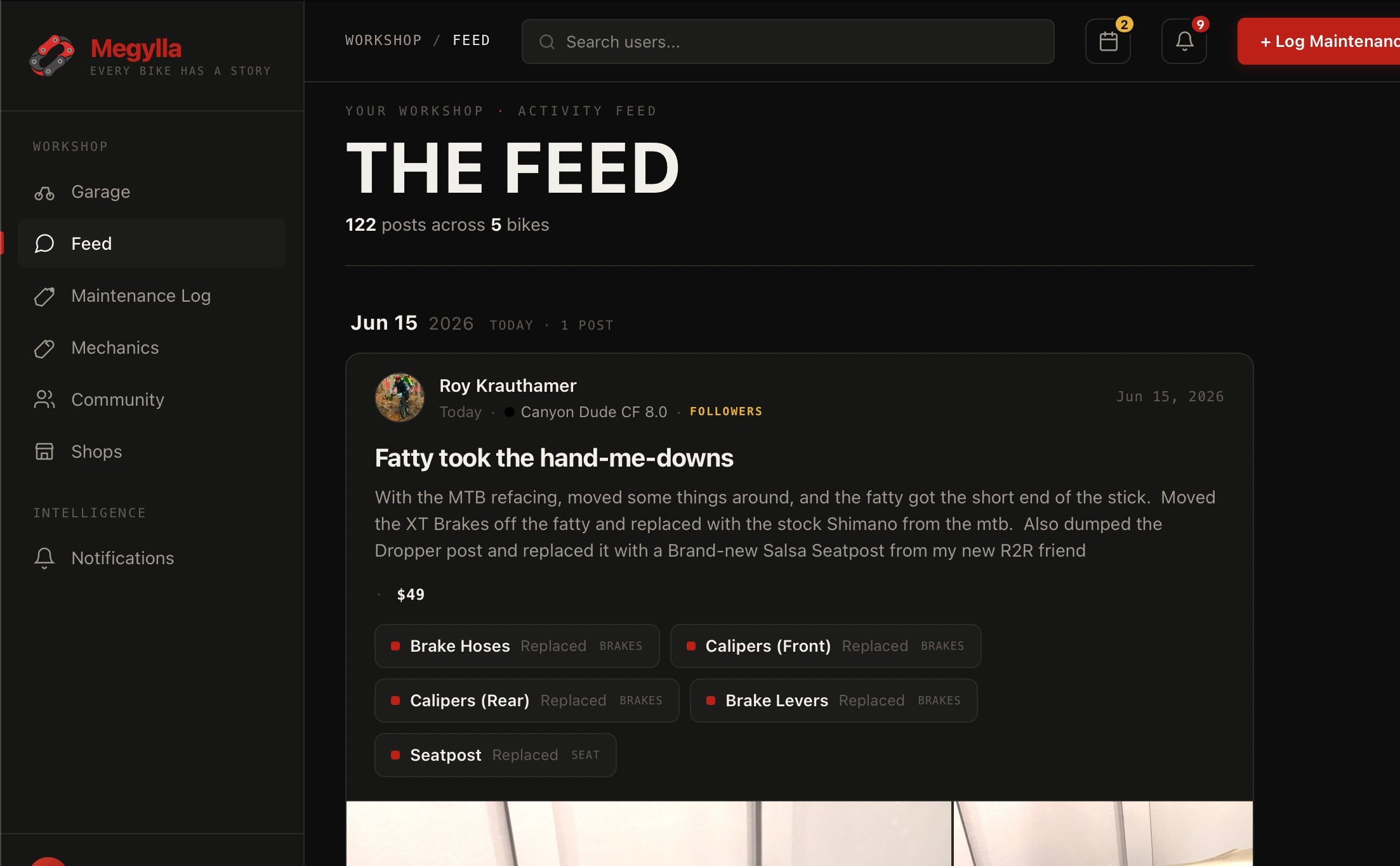 The Megylla feed — a maintenance post with tasks, cost, and photos