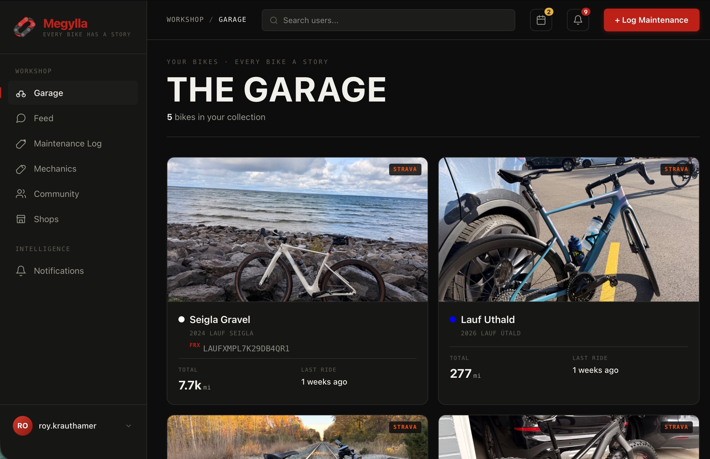 The Megylla web app — your garage of bikes with mileage, FRX numbers, and Strava sync