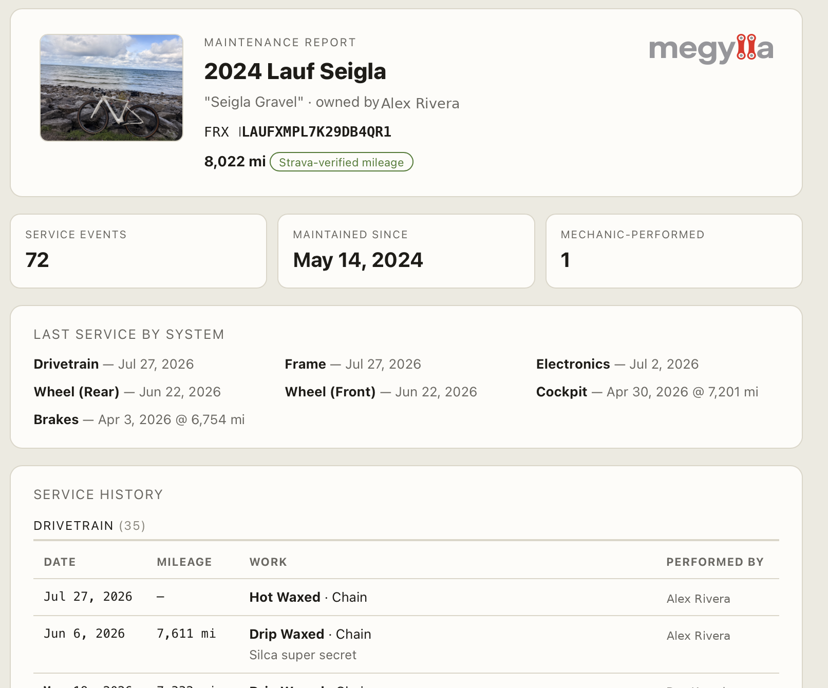 A Megylla Wrenchbook report — a shareable maintenance history for a bike, showing service events, last service by system, and a detailed service history